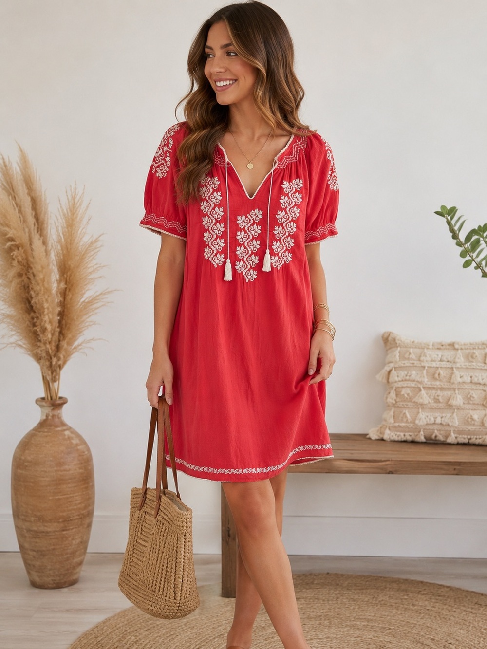 Laurel Anthropologie Red Embroidered Cotton Boho Peasant Dress Size 6